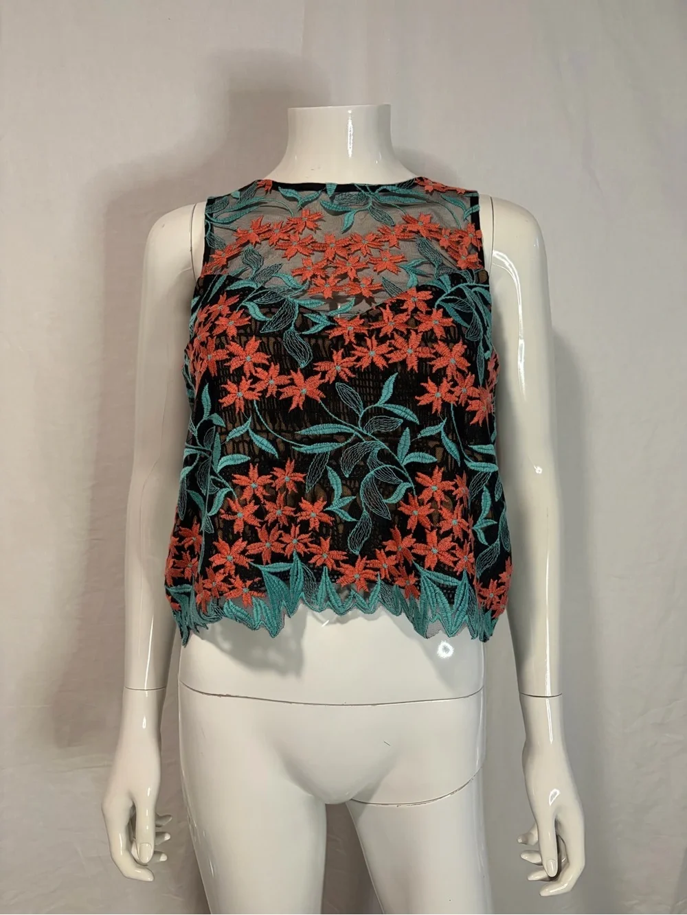 Elliatt Black Sheer Tank with Coral Floral & Teal Leaf Embroidery